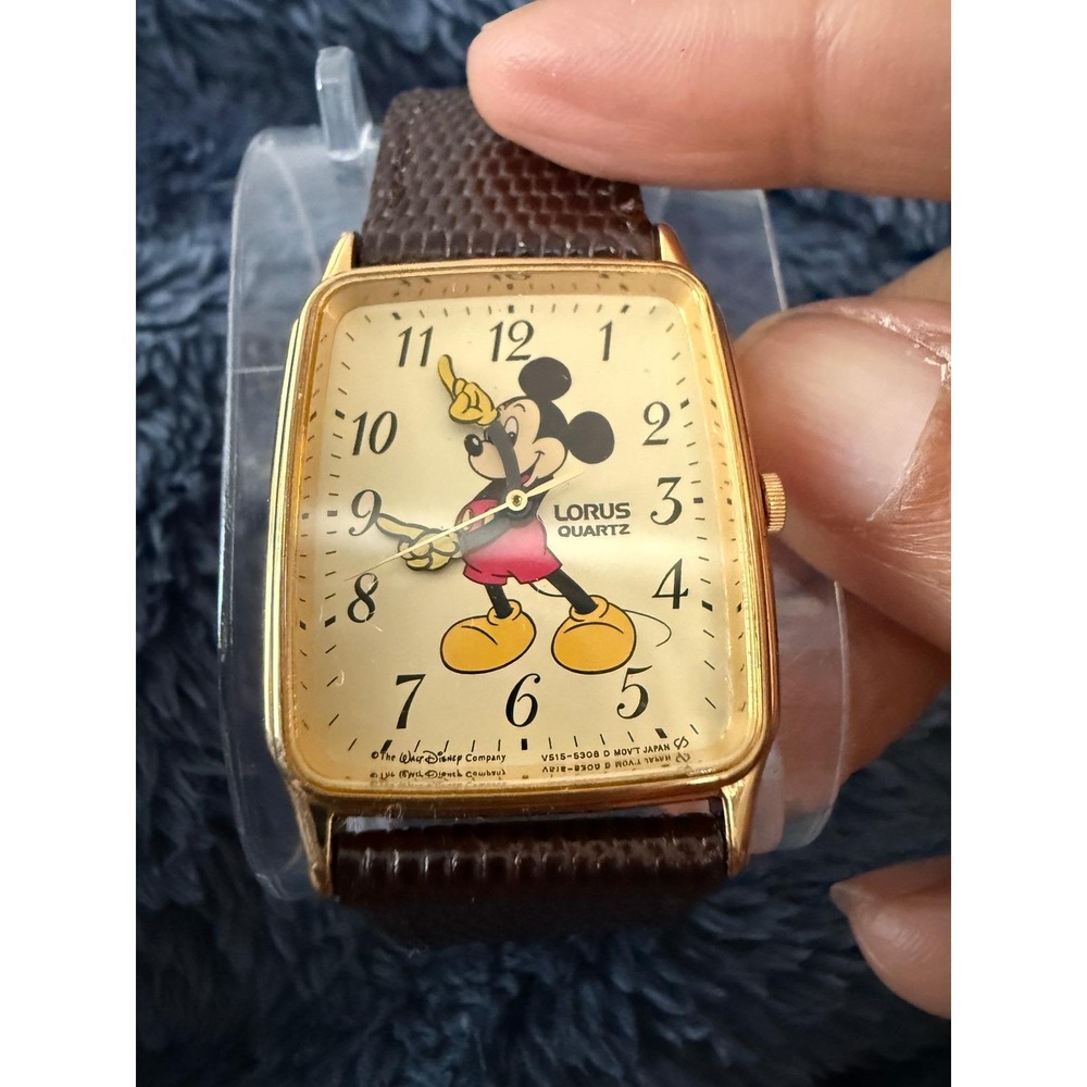 Lorus‎ Mickey Mouse Watch Gold Tone Rectangular V515-5308 RMF258 Brown Leather